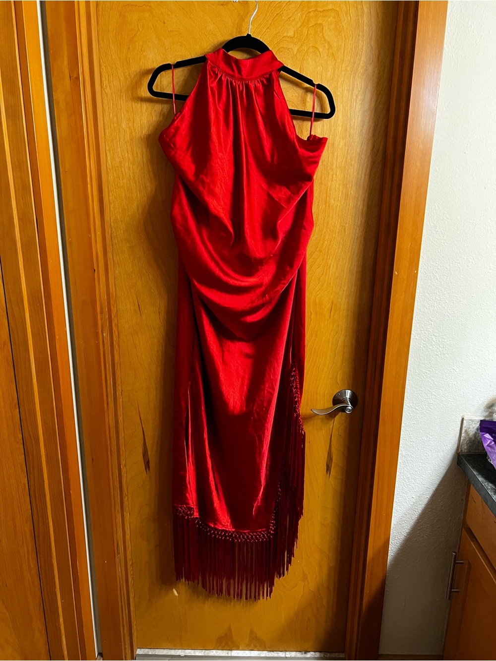 Boohoo Red Satin Halter Midi Dress with Fringe